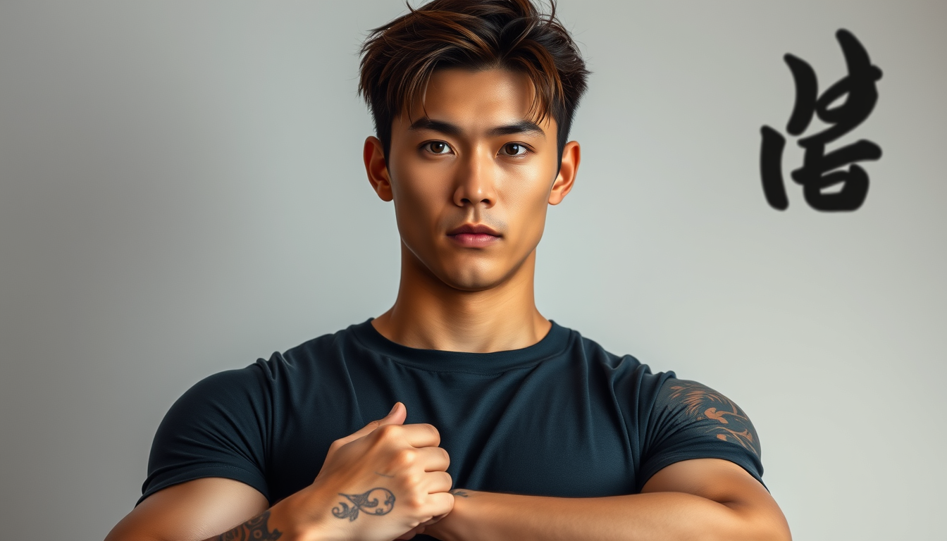 Characters idea: an original character defined by silhouette, role, outfit, palette, and expression, deliberate composition, A striking Korean man, tall and athletic w
