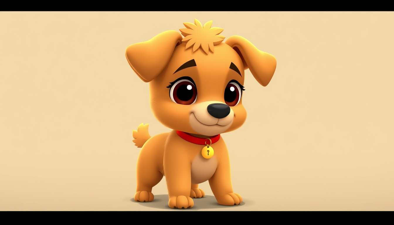 Characters idea: an original character defined by silhouette, role, outfit, palette, and expression, deliberate composition, A cute and funny small cartoon dog named B