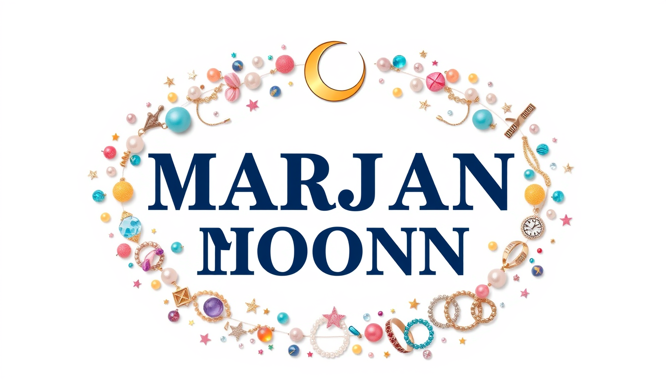 Main art studio: Cute luxury jewelry shop profile logo for “MARJAN MOON”. Ivory white background, large elegant dark navy text in the center. Very colorful and detaile