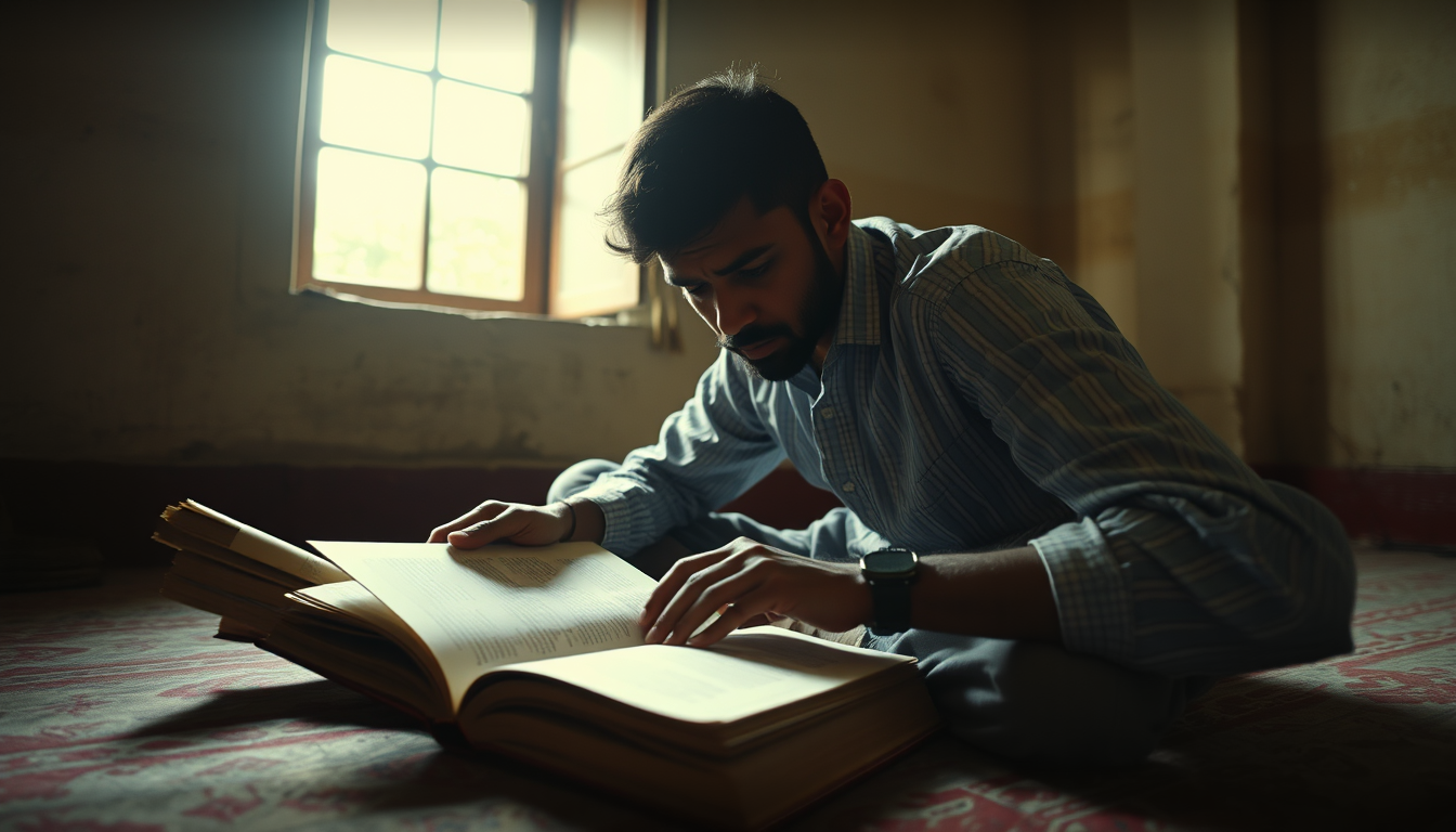 Main art studio: Slow camera push-in toward Aman as he studies seriously on the floor, he turns a page of his old schoolbook, sunlight enters through a small window, s