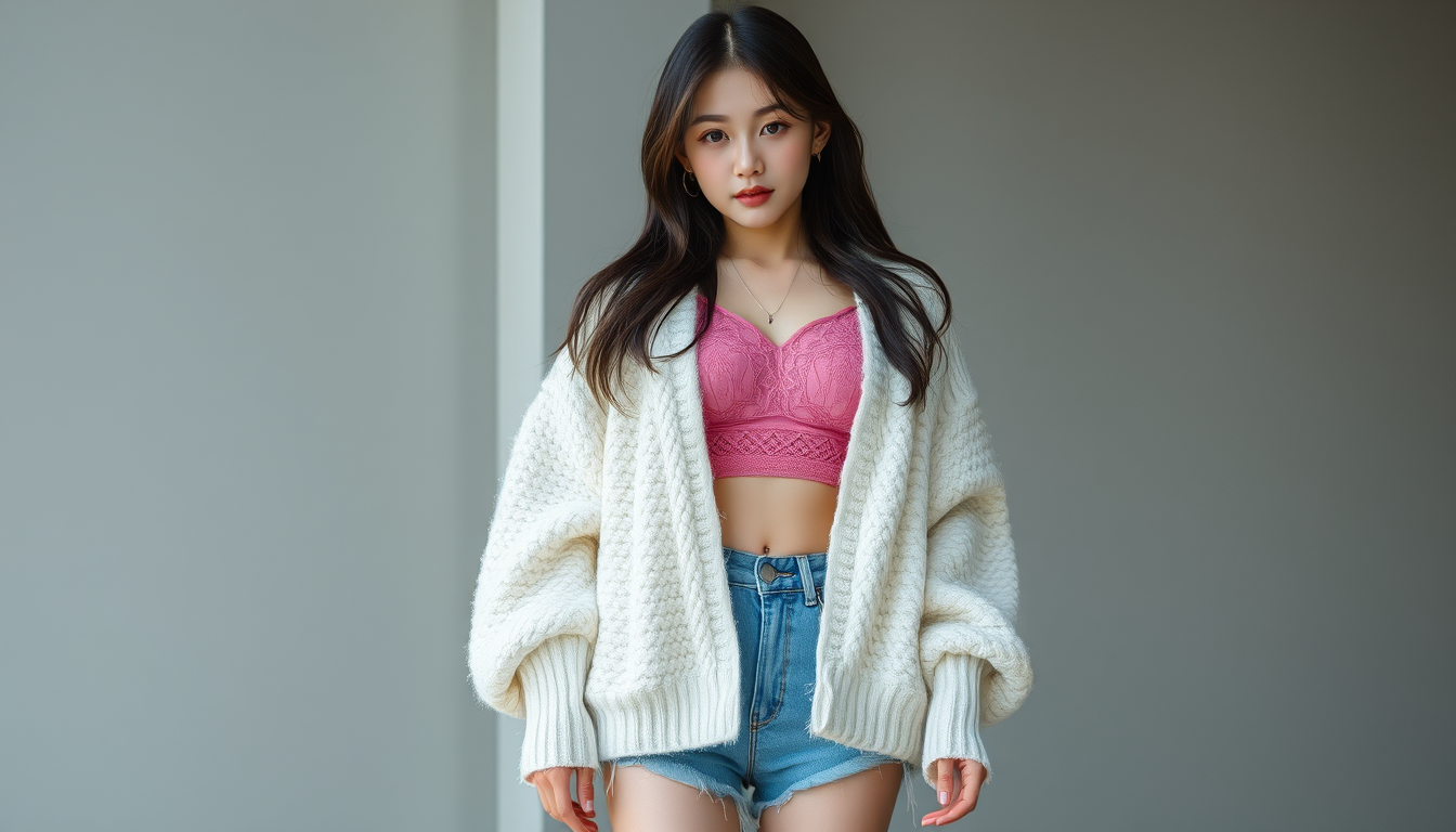 Main art studio: a realistic korean girl wearing a pink laced crop top and open-fronted white fluffy jumper, with short, frayed-edged jean shorts and thick-soled pink