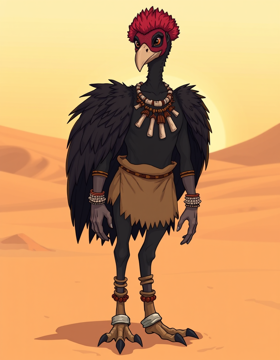 Main art studio: Furry OC, Anthropomorphic turkey vulture character, young male femboy, slender lithe humanoid build, thin dark brown-black plumage, bald red head with