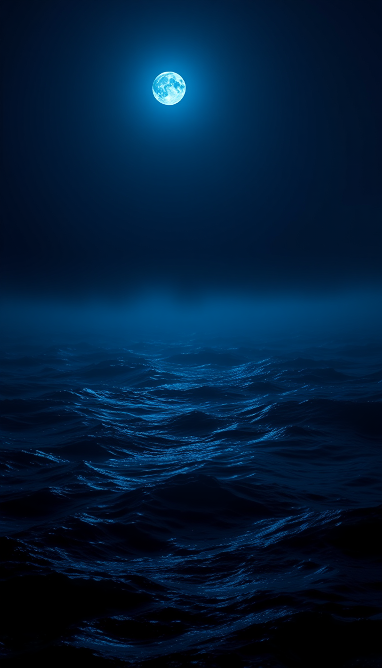 Main art studio: Create a 9:16 mobile wallpaper of a mysterious dark ocean at night, nearly black waves illuminated by subtle deep-blue moonlight, soft mist, distant h