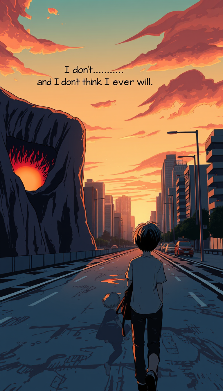 Main art studio: Make a manga panel with the same boy looking out at the normal sunset a crater fist size in a large rock next to him with text above him saying "I don