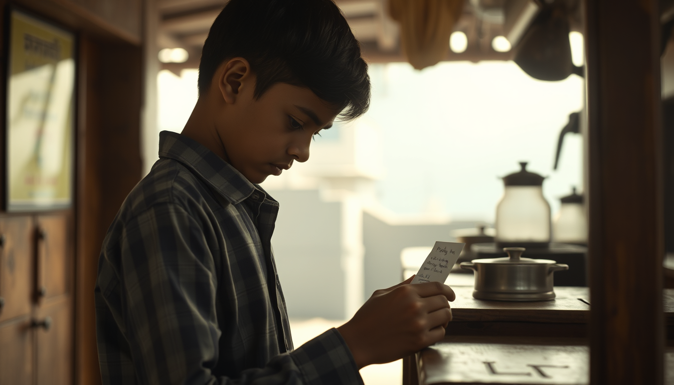 Main art studio: Same schoolboy standing at the empty tea stall, discovering a small handwritten note placed on the wooden counter, carefully picking it up and reading
