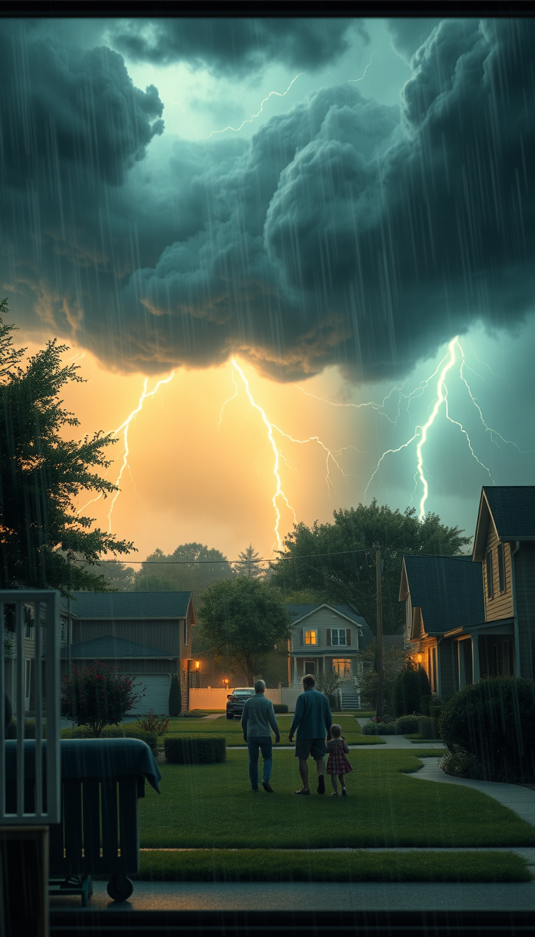 Main art studio: The Storm ArrivesPrompt:A massive dark storm suddenly hitting a peaceful American suburban neighborhood, heavy rain, powerful wind, trees bending, lig