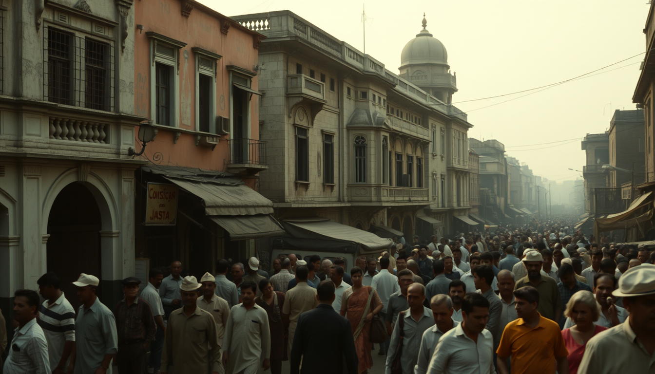 Main art studio: 1940s British India, crowded old Indian street, colonial buildings, realistic cinematic photography, 4K, 16:9