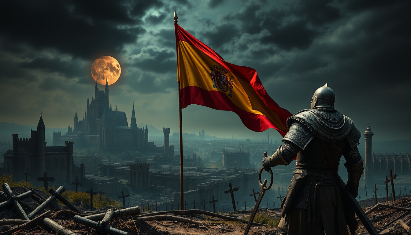 Main art studio: Cartel medieval español de fantasía oscura, hiperrealista y cinematográfico. Guerrero español arrodillado con armadura antigua y desgastada, sostenien