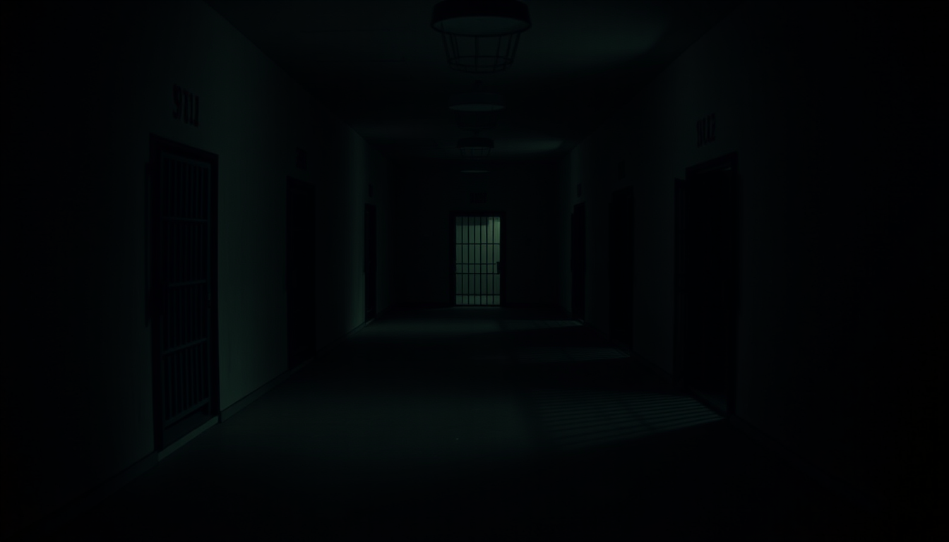 Main art studio: The Three Empty Cells Long corridor of Alcatraz prison at night, three adjacent prison cells visible, guards' lights casting long shadows across the f