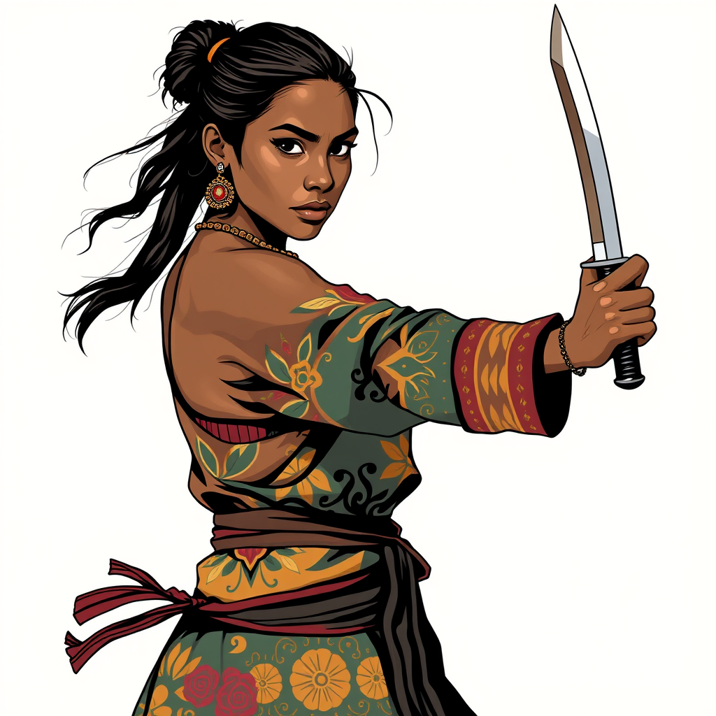 Main art studio: Outline of a young black indian woman in traditional colorfully patterns, but practical to fight. Hair loosely tied back. One dagger in one hand, read