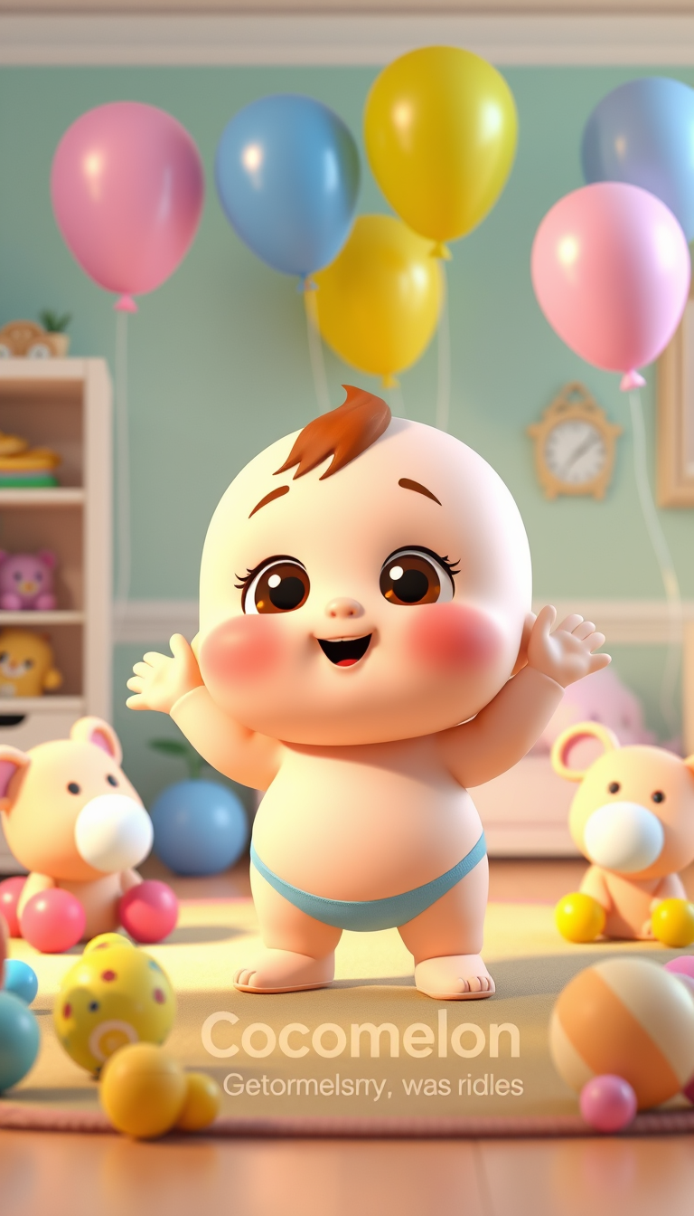 Main art studio: "60-sec 3D animated kids nursery rhyme, Cocomelon style. Bright pastel colors, chubby toddler character, big eyes, round soft design. Cheerful nursery