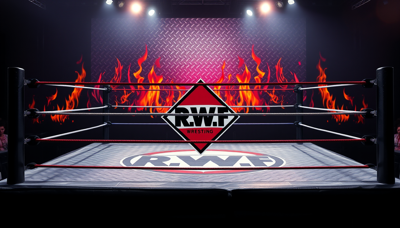 Main art studio: Wrestling ring with R.W.F logo on apron diamond plate background and flames