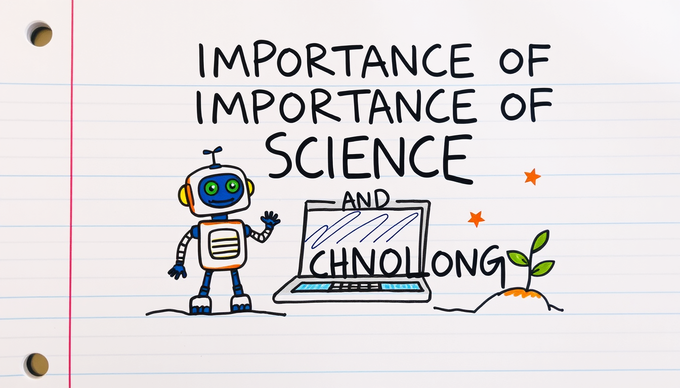 Main art studio: Create a beautiful and colorful school notebook page titled “IMPORTANCE OF SCIENCE AND TECHNOLOGY”. Draw a cute robot, a glowing light bulb, a laptop,