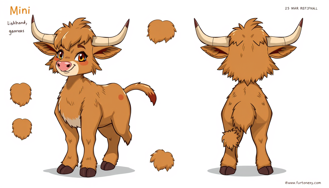 Fursona idea created from the prompt: fursona character, anthropomorphic animal design, expressive personality, reference sheet style, Mini Highland cow, anthropomorph, light bro