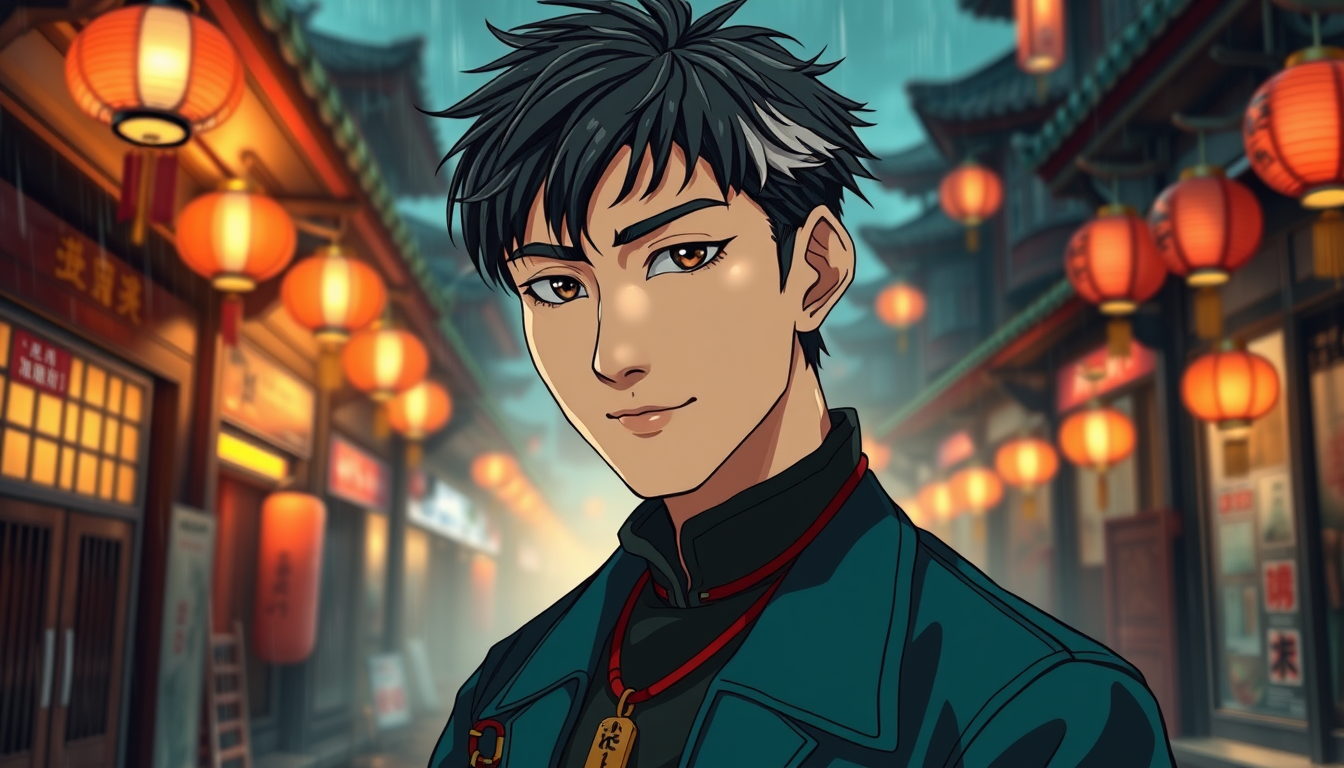 Anime idea: anime style, vibrant colors, expressive eyes, Lin Wei, adult man age 22, slim youthful build, but unmistakably 40-year-old face: angular features, hea