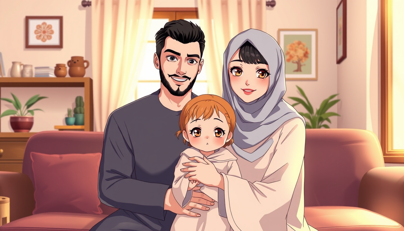 Anime idea: anime style, vibrant colors, expressive eyes, Elegant Arab mother in full hijab, no hair visible, long light-colored modest dress, fair skin, brown ey