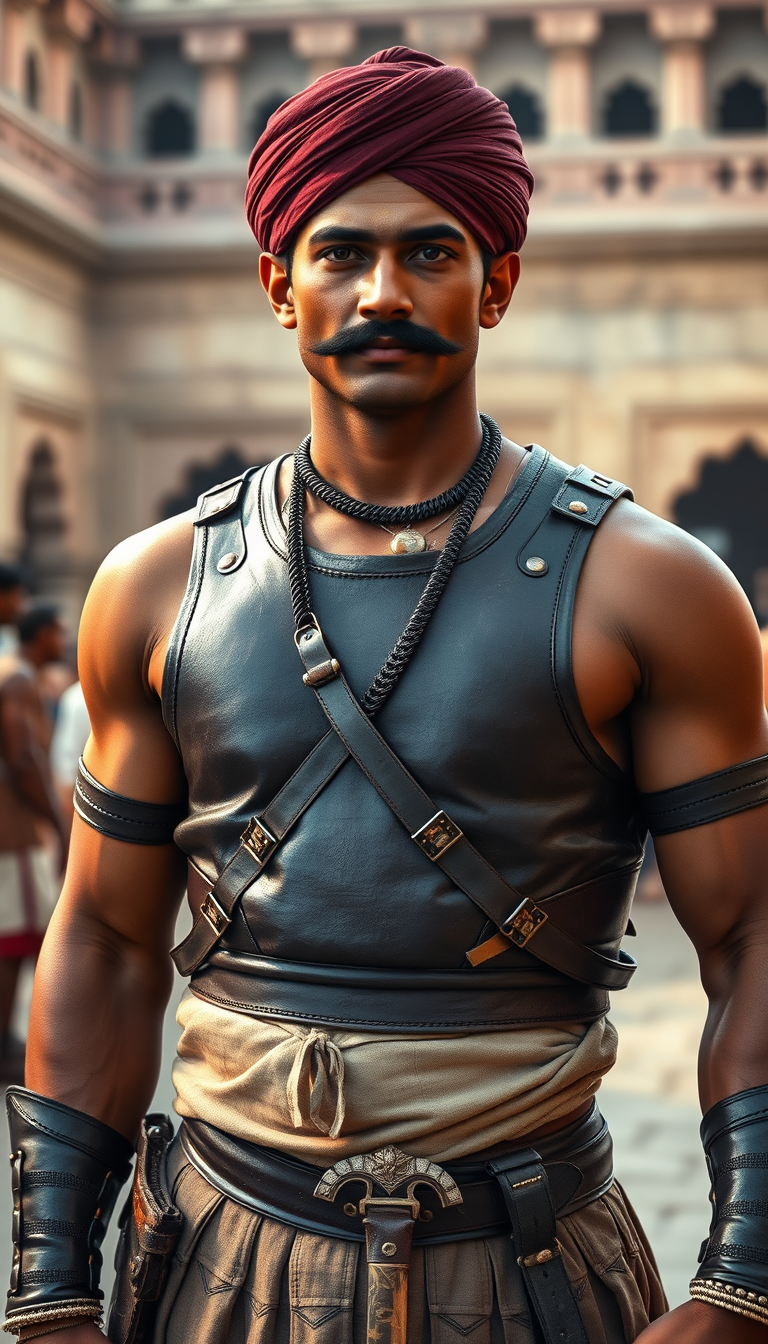 Main art studio: A 32-year-old Indian royal soldier, muscular build, medium brown skin, thick black moustache, short black hair, dark red traditional turban, dark brow