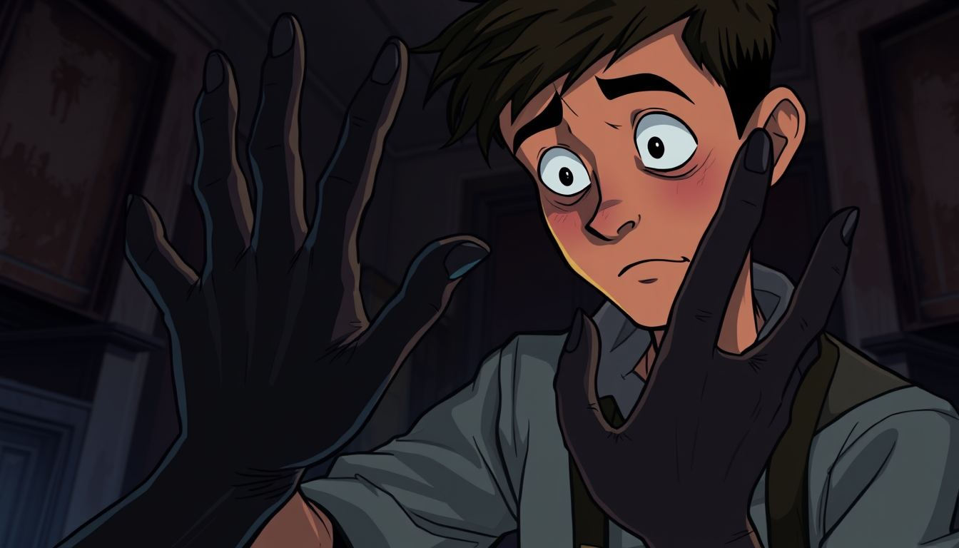 Main art studio: Same Samir character, 2D dark horror cartoon, vertical 9:16. Extreme horror close-up of Samir looking down in terror at his hand. Instead of his young