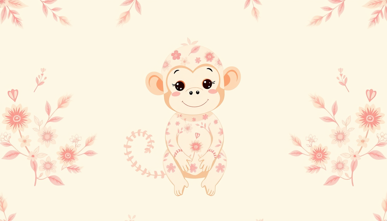 Main art studio: cute pastel clipart illustrations of cute one baby monkey, flat vector style. The entire surface of each item is fully covered with delicate soft pink