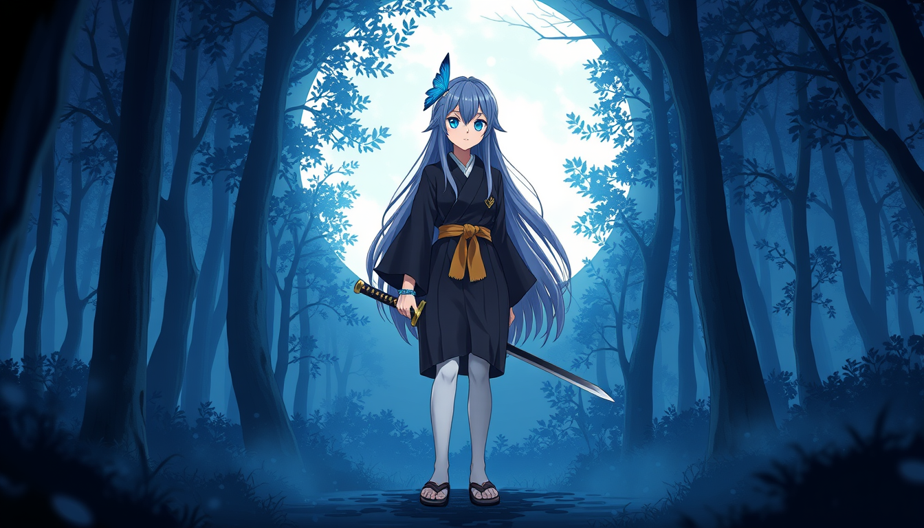 Main art studio: Moi en pourfendeuse de Demon Slayer, style anime. Cheveux longs châtains jusqu’au milieu du dos, en haute queue de cheval, avec un dégradé bleu unique