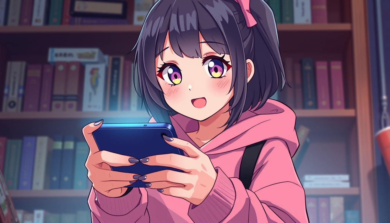 Main art studio: vtuber avatar, anime style, expressive eyes, soft rim light wearing cute hoodie sweatshirt and playing mobile games exciting and bookshelf in backgrou