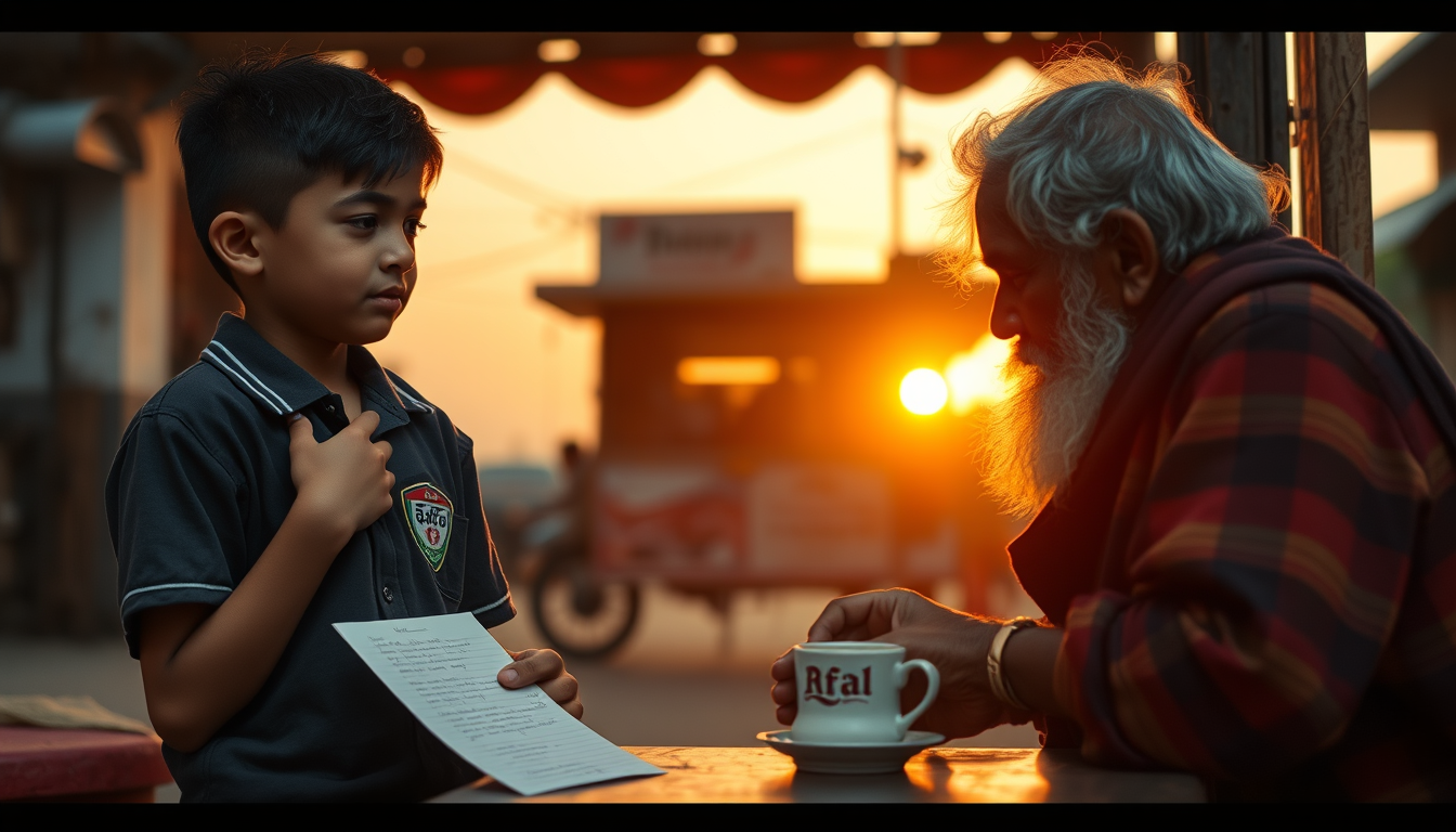 Main art studio: Same schoolboy sitting alone at the tea stall, holding the handwritten note close to his chest, emotional but calm expression, then preparing a cup of