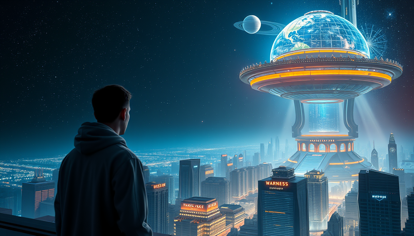 Main art studio: A random human being watched by a powerful World Creator from a cosmic control room. The human is living a normal day in a futuristic city while a gia