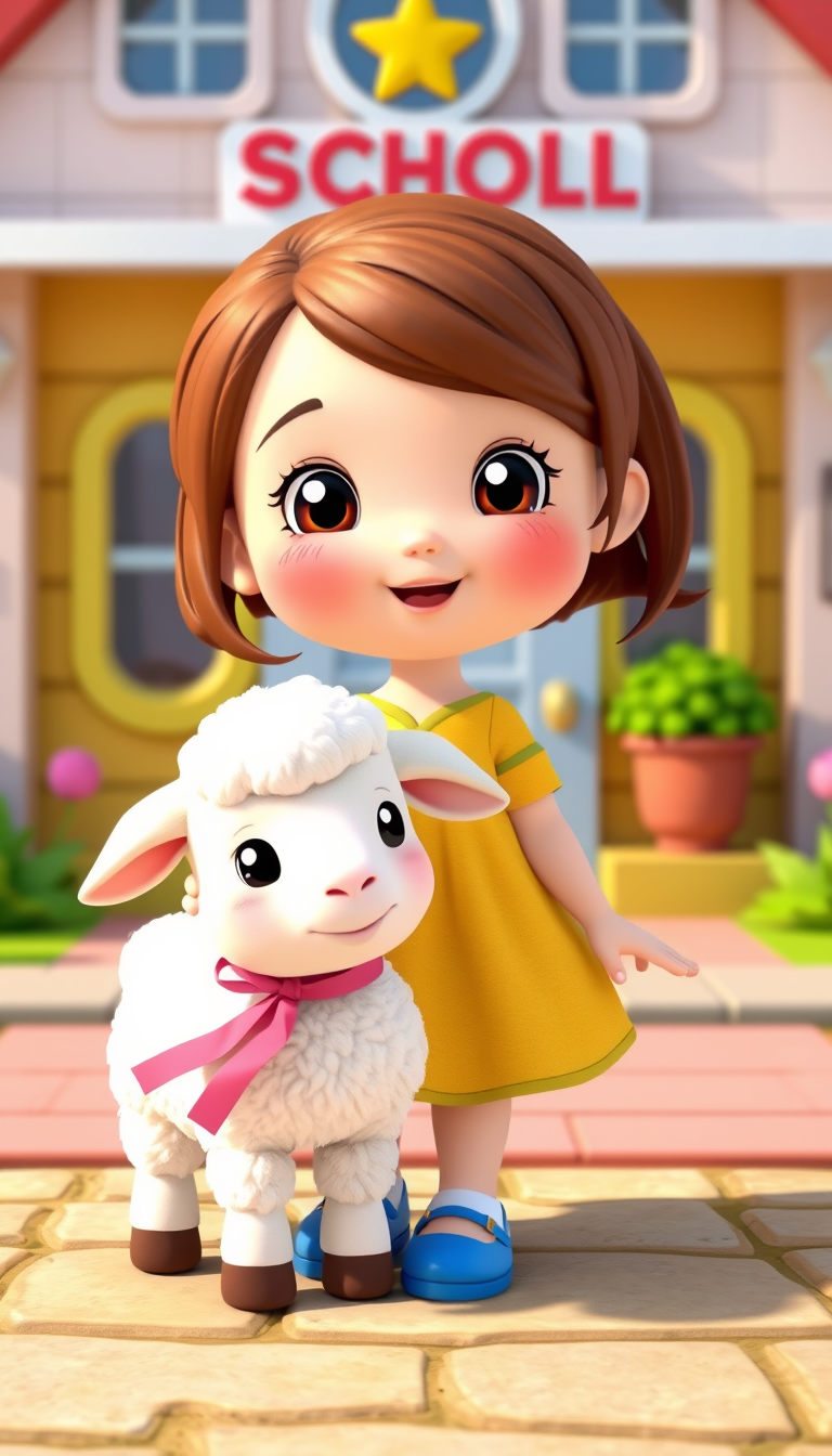 Main art studio: Cute little girl with brown hair, wearing a yellow dress and blue shoes, with a fluffy white lamb with a pink ribbon around its neck, adorable 3D chil