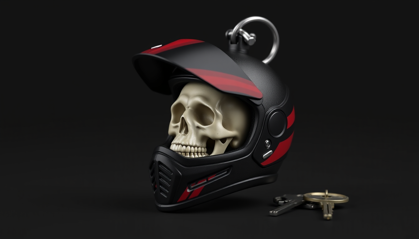 Main art studio: A miniature motorcycle helmet keychain for holding keys, inspired by a full-face racing helmet. The helmet is small enough to attach to a key ring, wi