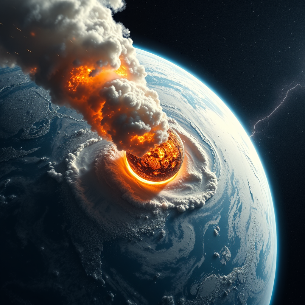 Main art studio: Cinematic view from low Earth orbit, 400 km above Earth. Asteroid Apophis 99942 crashes into the North Atlantic between Britain and North America. A c