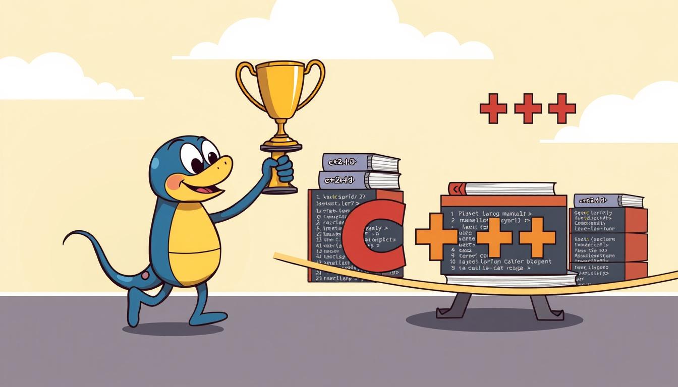 Main art studio: An amusing and clever illustration depicting Python winning over C++ in a friendly competition. Show Python as a relaxed, elegant, and approachable ch