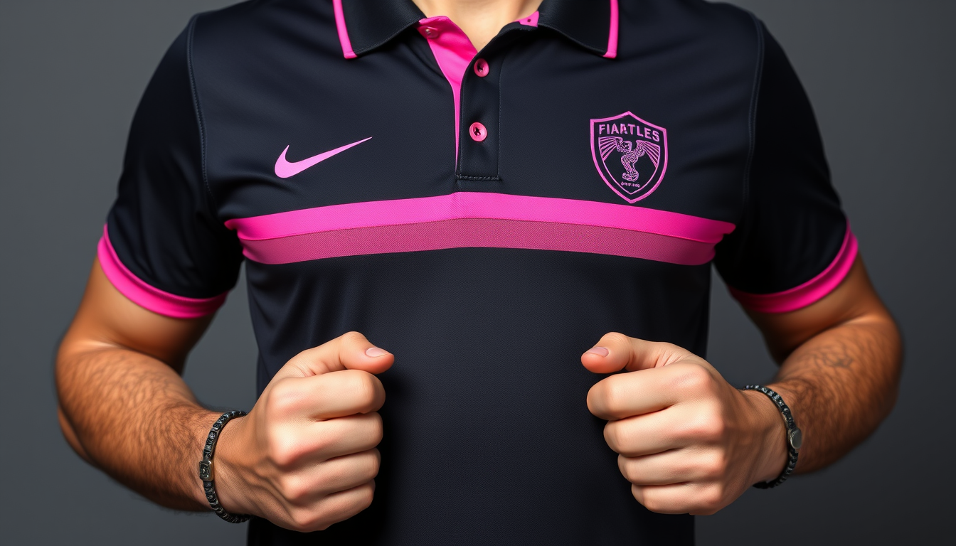 Main art studio: Polo de futbol negro mate, con una franja cruzada de arriba izquierda a abajo derecha que va de un azul eléctrico a un rosa fucsia, mangas y cuello co