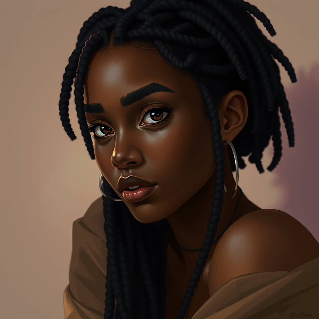 AI Art prompt example created from the prompt: Semi-realistic digital black caramel female character art, black dreadlocks, dark brown eyes, relaxed cozy stoner-adjacent aesthetic, soft l