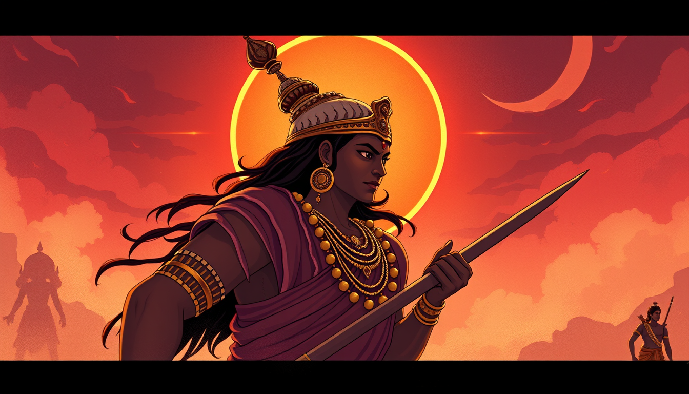Main art studio: Create a cinematic YouTube documentary thumbnail about the RAMAYANA, 16:9 aspect ratio, pure 2D cinematic documentary illustration, semi-realistic han