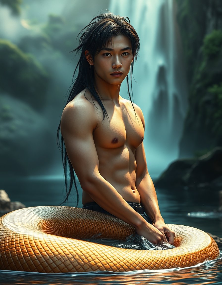 Main art studio: Cinematic dark fantasy, photorealistic. Young adult Korean Serpent King, handsome and athletic, youthful Korean face, almond eyes, straight nose, defi