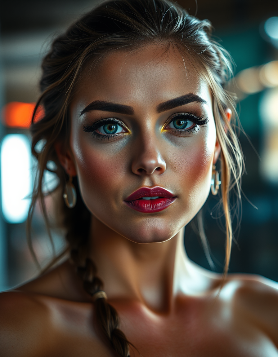 Main art studio: Androidă adultă, păr castaniu lung, ochi verzi, siluetă voluptuoasă, expresie șireată și zâmbet provocator, detalii cibernetice albastre, fundal aproa