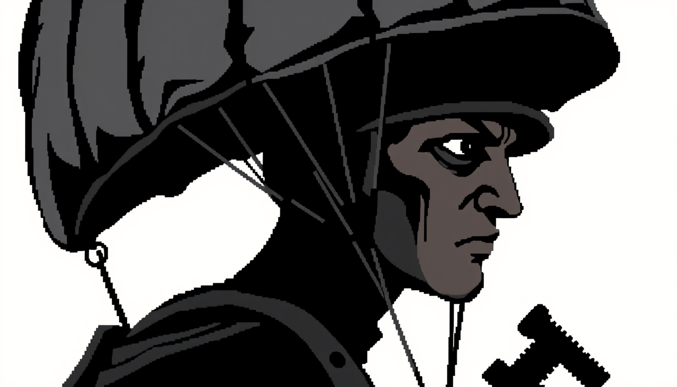 Sprites idea: a single readable game sprite with a controlled silhouette, palette, scale, and viewing angle, deliberate composition, Paratrooper from world war two.