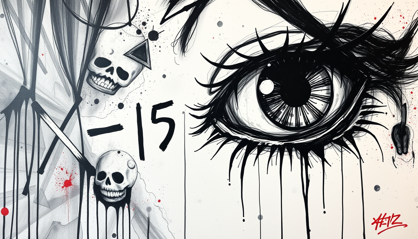 Main art studio: An angry right eye with the phrase X-157 as part of the drawing. Dark and ethereal. In a graffiti style.