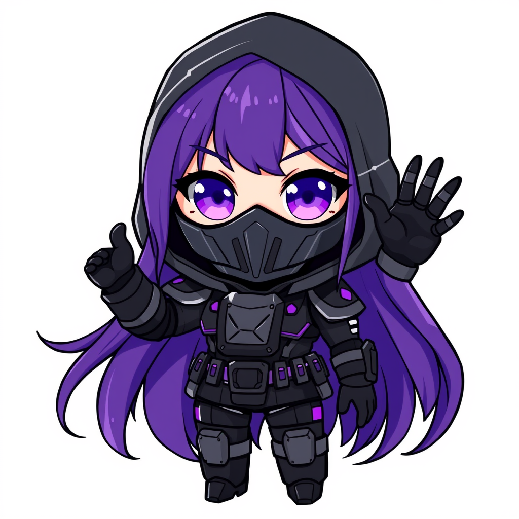Main art studio: Chibi female cyberpunk warrior, long flowing purple hair with violet highlights, large expressive purple eyes, dark metallic face mask, black/dark gra