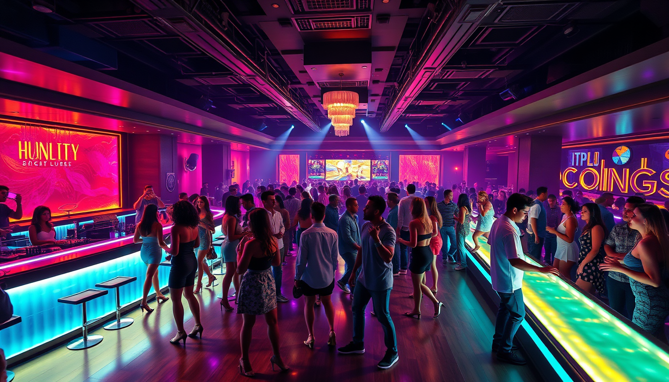 AI Art prompt example created from the prompt: Photorealistic interior of an EXTRA-LARGE upscale Honolulu nightclub at night. Wide establishing shot from an elevated corner, showing the e
