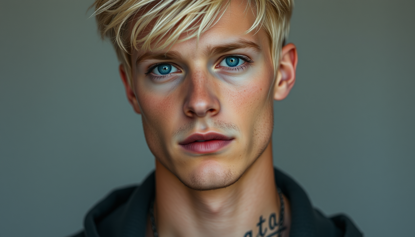 Main art studio: AN AMERICAN MAN, 24 YEARS OLD, PHOTOREALISTIC,BLUE EYES,BLONDE HAIR,slight imperfections? tatto on the neck
