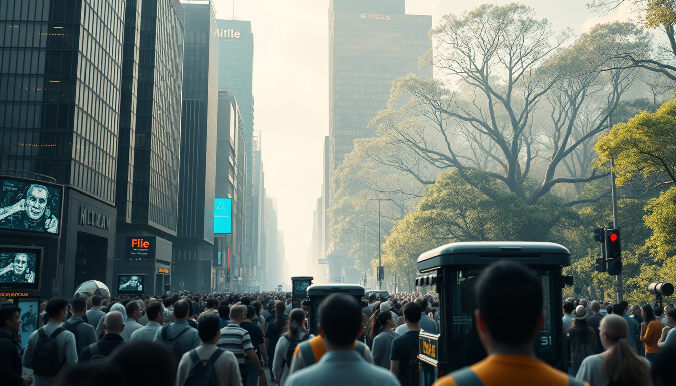 AI Art prompt example created from the prompt: A cinematic split scene showing a hyper-modern city with skyscrapers, AI screens, autonomous vehicles and crowds of distracted people contra