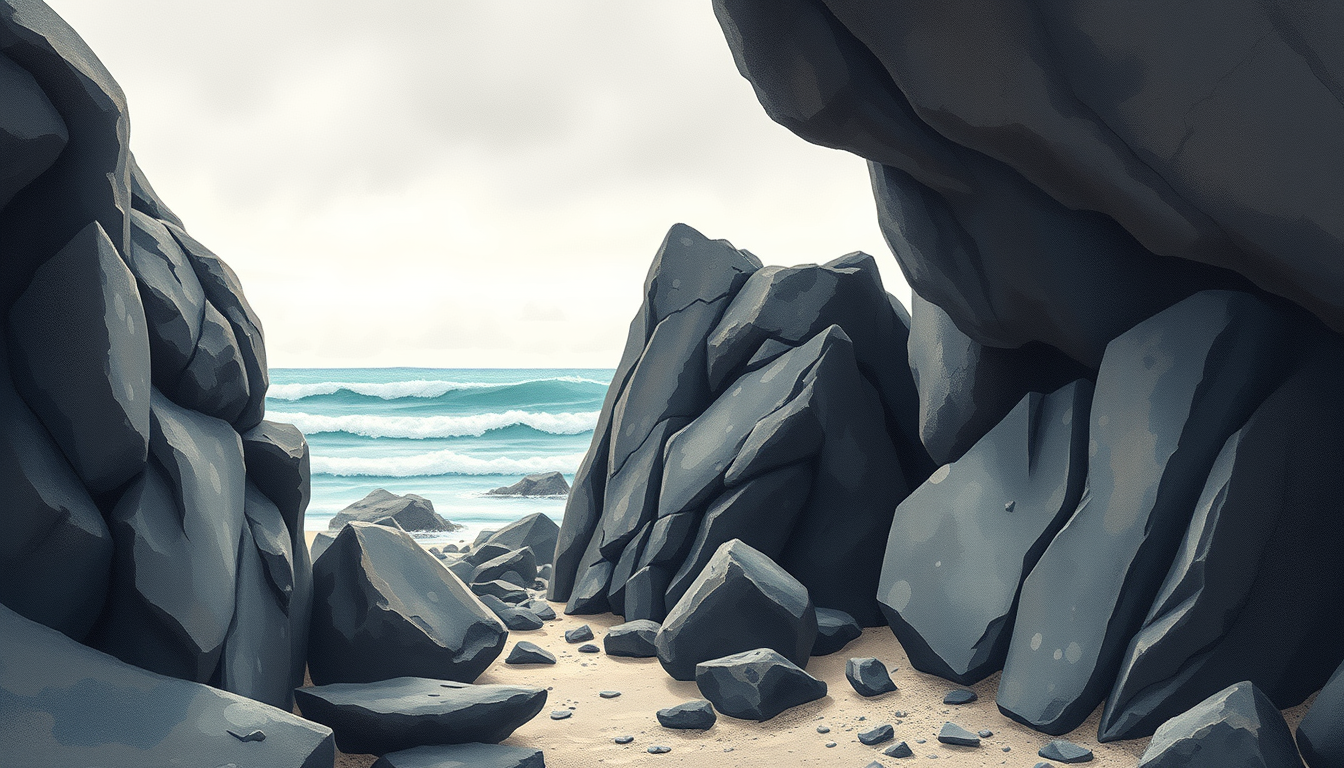 Main art studio: an illustration for the children book : A quiet hidden seashore on a cloudy day. Large dark black rocks with sharp jagged edges and gray spots are tuc