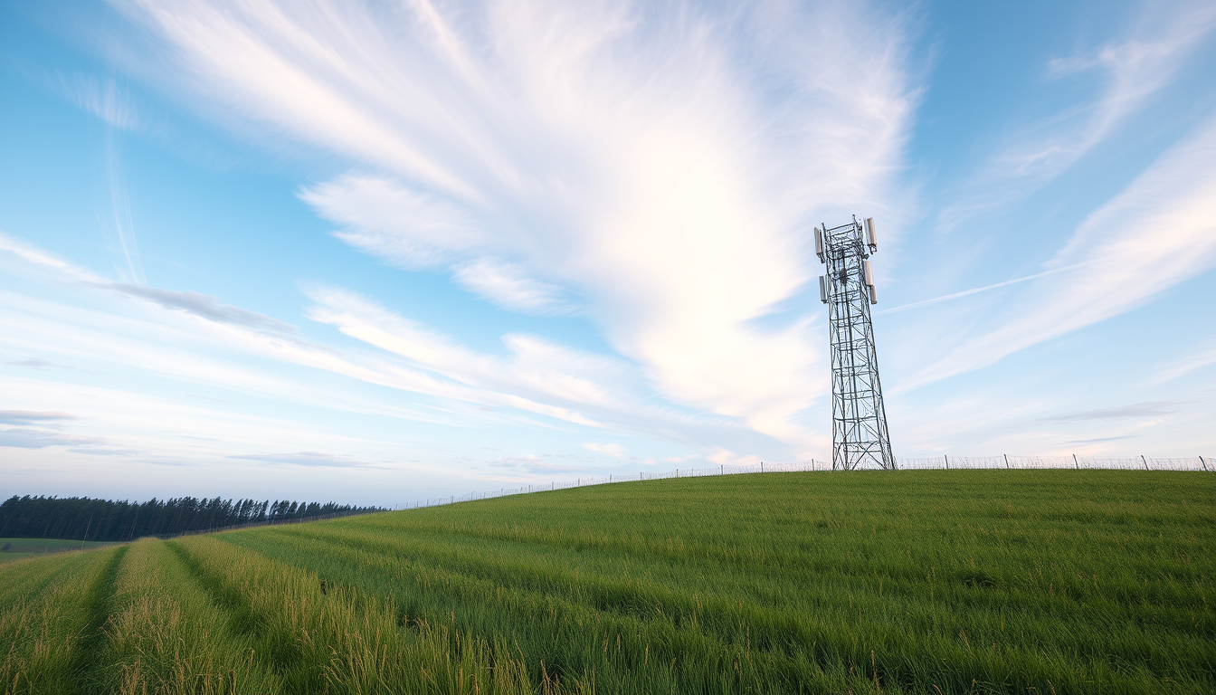 Main art studio: Make a cell tower on the right side of the image that is on a grassy but small field make the field smaler