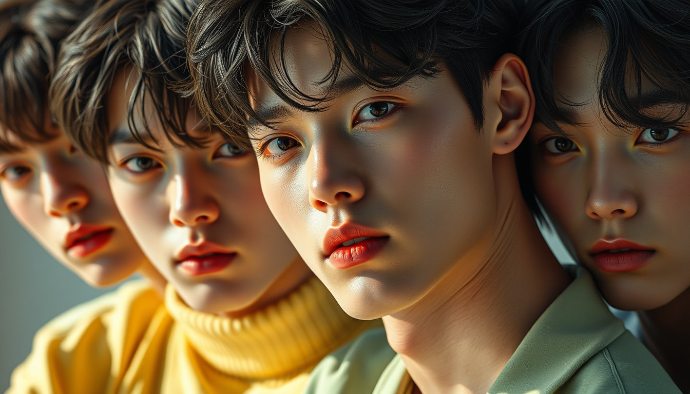 Realistic Images idea: photorealistic generated image, natural materials and skin texture, physically plausible lighting, "Picture of BTS members , coherent depth, restraine