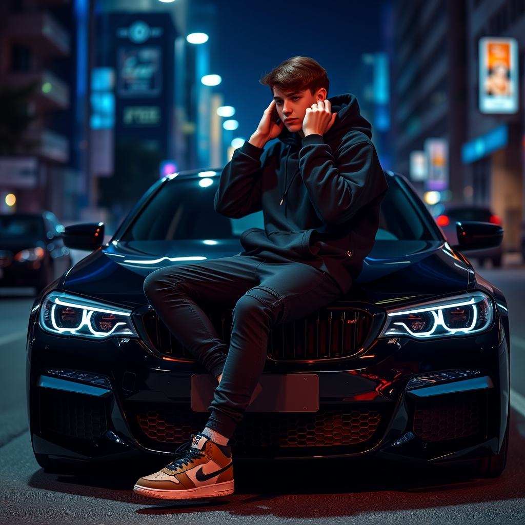 AI Art prompt example created from the prompt: Create a stylish, ultra-realistic aesthetic profile picture of a 16–17-year-old teenage boy wearing a premium black oversized hoodie, black
