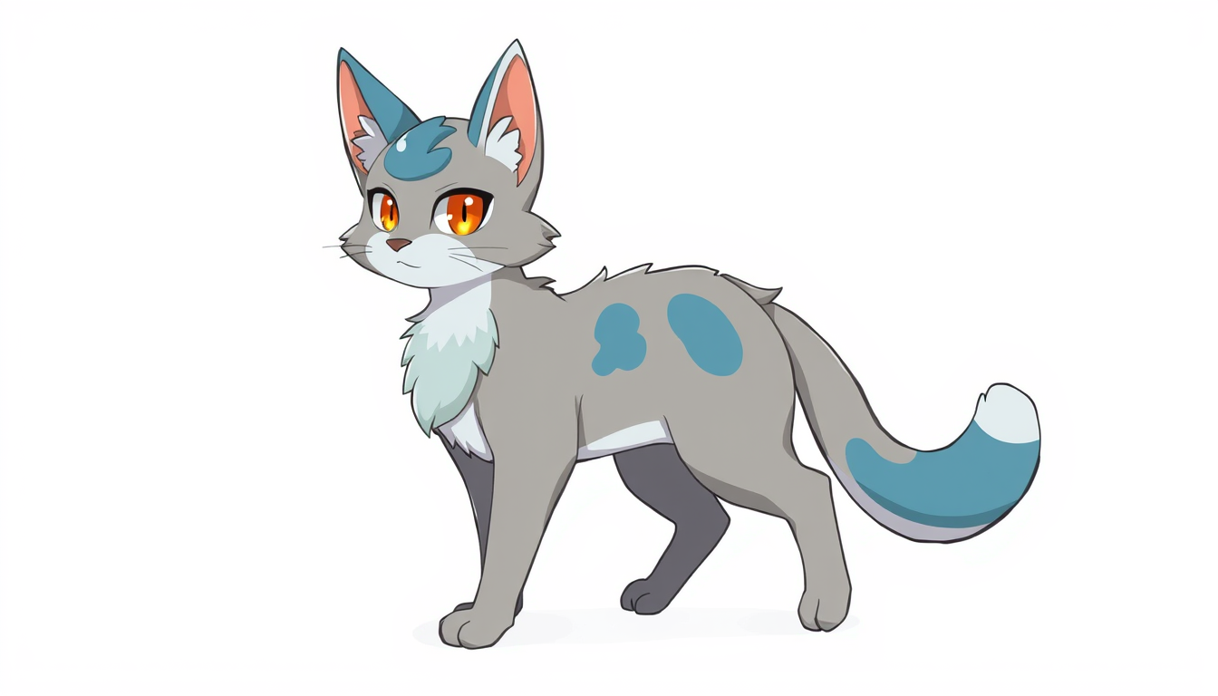 Fursona idea created from the prompt: fursona character, anthropomorphic animal design, expressive personality, reference sheet style, grey cat with blue swirls around the body,b