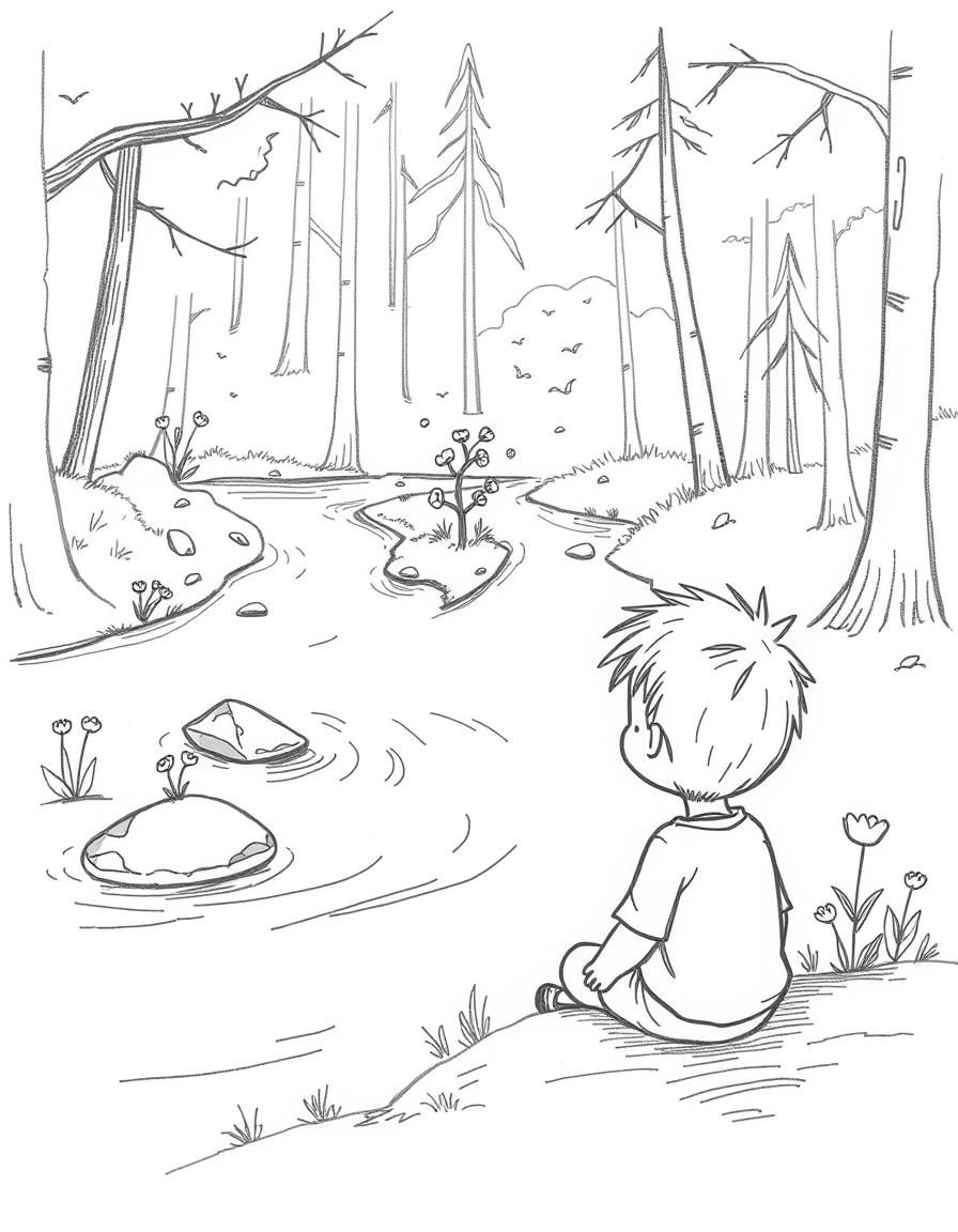 Main art studio: A cute little boy sitting beside a gently flowing river in a peaceful forest, watching the water curve toward a beautiful cozy spot with flowers, smoo
