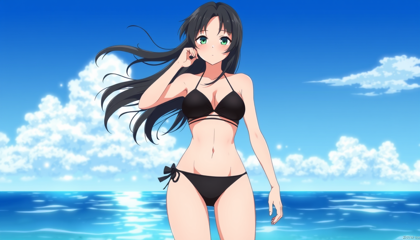 Main art studio: A anime woman with black hair wearing a black bikini