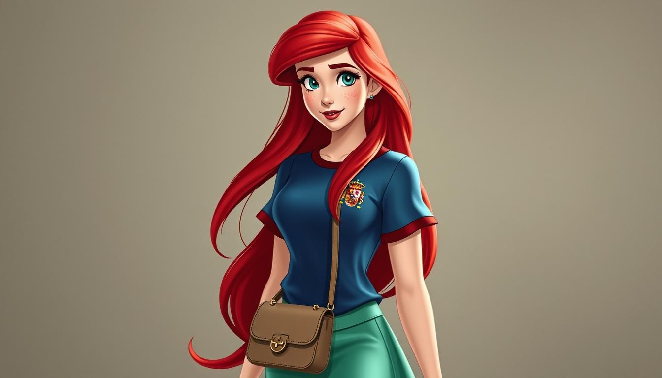 Main art studio: Créame a la princesa Disney de Ariel en humana que se le vea el pelo largo rojo que se le vea la cara con una camiseta de España del mundial con unos